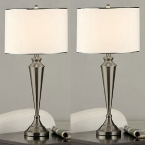 Set of 2 Brush Nickel Metal & Fabric Shade Table Lamps L2168